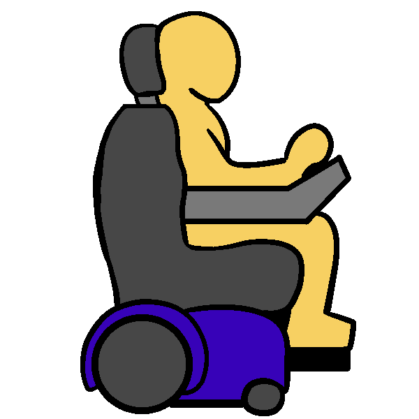  A yellow person in a purple power wheelchair. They have an AAC device on a stand. 